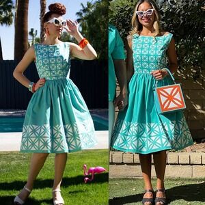The Oblong Box Shop Retro Kiki Breeze Block Dress‎ Teal Womens Sz XXL Mod Preppy